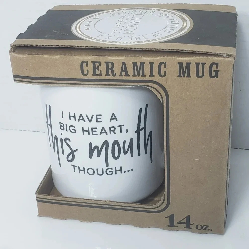 NWT,Carson Freeport PA USA 14oz White/Black Ceramic Mug.